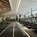 Modern Fitness Gym Interior With Treadmills Green Seats Large Windows And Wooden Ceiling Decor