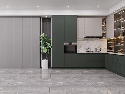 Modern Kitchen Interior Design With Dark Green Cabinets Grey Panels Built-in Oven And Indoor Plant 3d model