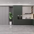 Modern Kitchen Interior Design With Dark Green Cabinets Grey Panels Built-in Oven And Indoor Plant