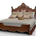 Classic Double Bed With Carved Brown Wooden Headboard And Decorative Pillows