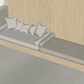 Wooden Bench Seating Area With White Pillows Light Rug And Window Blinds