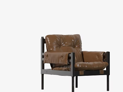 Brown Leather Leisure Chair With Black Metal Frame And Padded Tufted Design 3d model