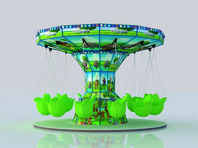 Colorful Amusement Park Swing Ride With Green Lotus Shaped Seats And Central Tower 3d model