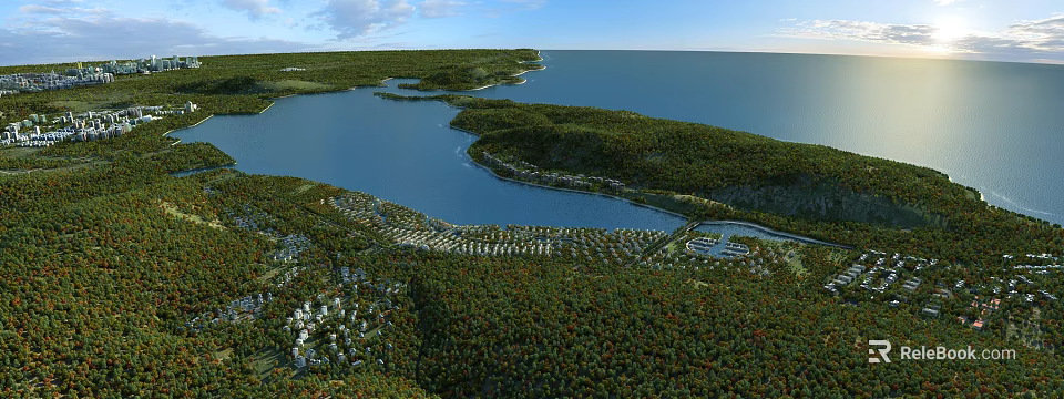 Aerial Planning for Waterfront Development With Lush Green Areas Large Water Body and Building Complex 3d model 