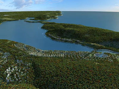 Aerial Planning for Waterfront Development With Lush Green Areas Large Water Body and Building Complex 3d model