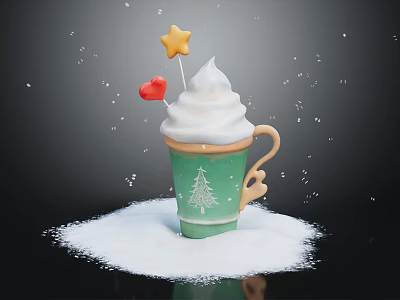 Christmas Hot Drink in Green Christmas Tree Design Cup With Whipped Cream Star Heart Decorations 3d model