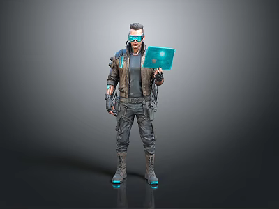 Cyberpunk Character Wearing Goggles Holding Blue Tablet In Futuristic Outfit Standing Against Neutral Gray Background 3d model