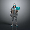 Cyberpunk Character Wearing Goggles Holding Blue Tablet In Futuristic Outfit Standing Against Neutral Gray Background