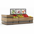 Wooden Grocery Display Shelves with Fresh Fruits Vegetables and Product Signage