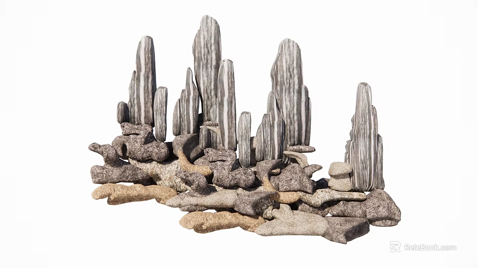 Decorative Rock Formation With Tall Stone Structures And Stacked Base Stones 3d model