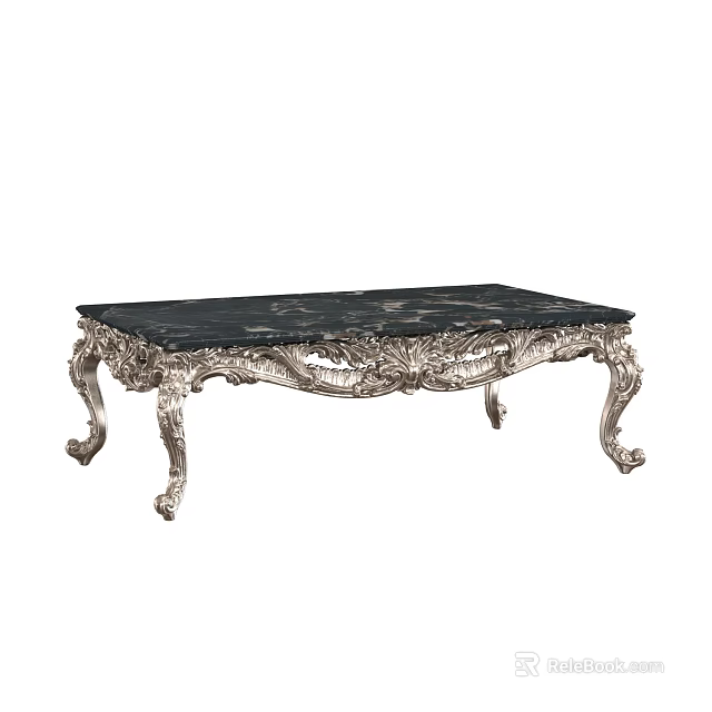 Classic Luxury Coffee Table With Black Marble Top And Ornate Silver Carved Legs 3d model 