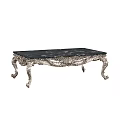 Classic Luxury Coffee Table With Black Marble Top And Ornate Silver Carved Legs