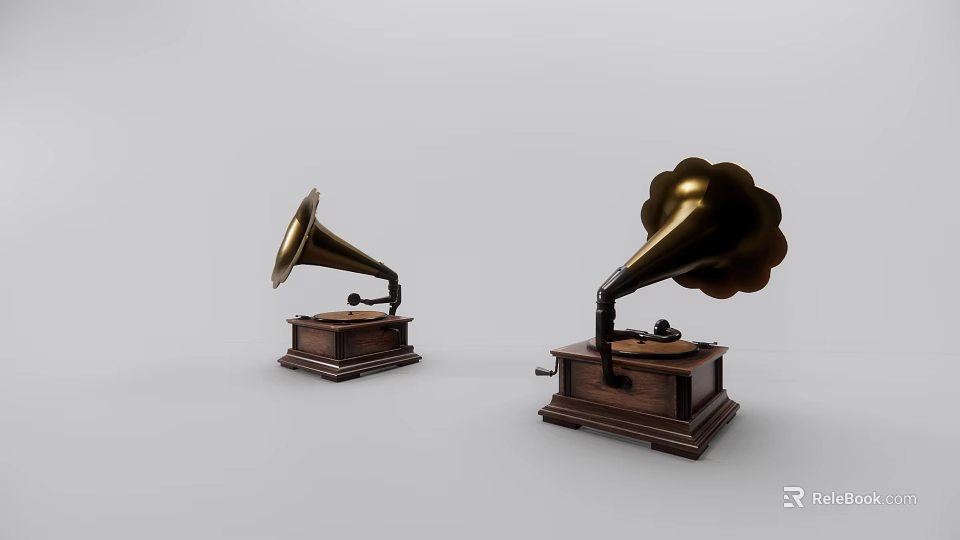 Two Vintage Gramophone Sound Systems with Brass Horns and Wooden Bases 3d model 