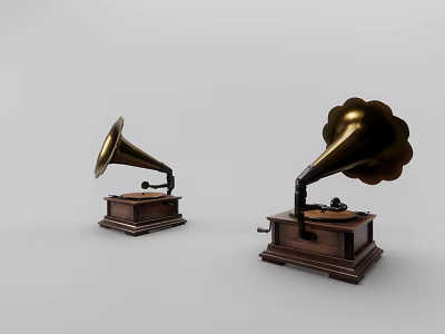 Two Vintage Gramophone Sound Systems with Brass Horns and Wooden Bases 3d model