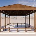 Wooden Garden Pavilion With Brown Roof And Benches On White Platform