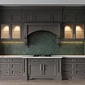 Dark Gray Kitchen Cabinets With Green Herringbone Backsplash Marble Countertop And Built In Appliances