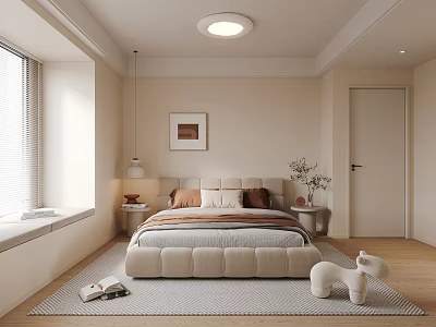 Modern Bedroom Interior With Large Bed Beige Walls Window Blinds Lamp Wall Art And Rug 3d model
