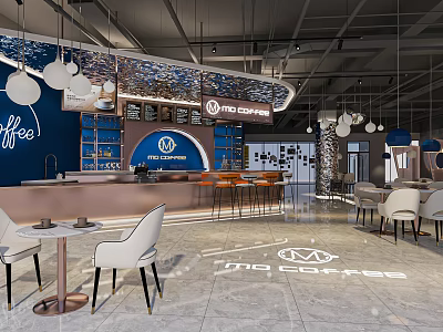 Modern Cafe Interior With Blue Walls Bar Counter White Pendant Lights And Floor Logo 3d model