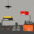 CAT and PUMA Shoes Display with Colorful Shoe Boxes on White Stands