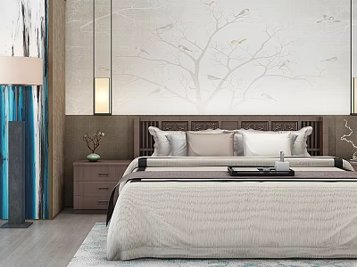 Double Bed Interior with Background Wall Tree Branch Bird Pattern Nightstand Vase Hanging Lamp 3d model