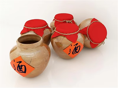 Traditional Ceramic Wine Jars With Red Lids And Chinese Jiu Character Labels On White Background 3d model