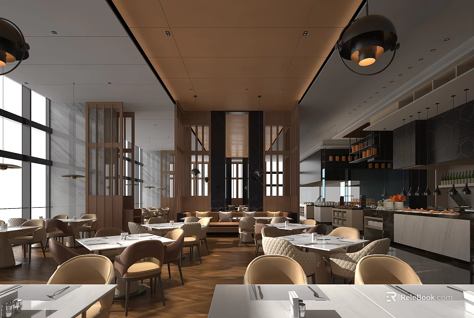 Modern Restaurant Interior With Open Kitchen Wooden Decor And Pendant Lights Dining Tables 3d model 