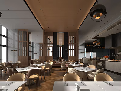 Modern Restaurant Interior With Open Kitchen Wooden Decor And Pendant Lights Dining Tables 3d model