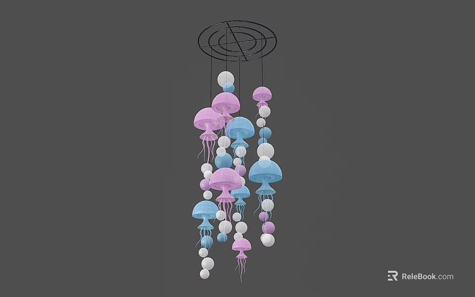 Jellyfish Shaped Hanging Wind Chime with Pink Blue and White Decorative Ornaments for Indoor Decoration 3d model 