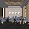 Modern Restaurant Interior With Round Tables Chairs Geometric Ceiling And Pendant Lights