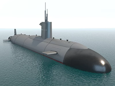 Modern Military Submarine Sailing On Calm Ocean Surface With Command Tower 3d model