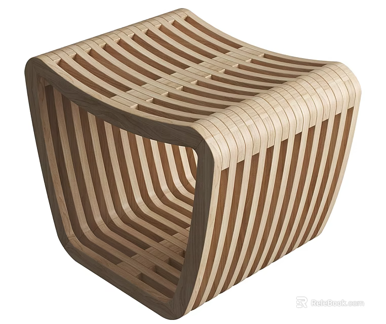 Modern Creative Wooden Stool With Curved Striped Slats And Smooth Lines 3d model 