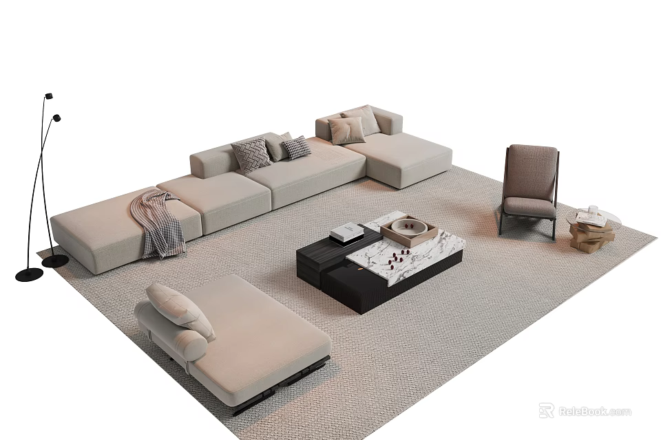 Modern Light Beige L Sofa With Black Coffee Table Accent Chair Rug And Floor Lamp 3d model 