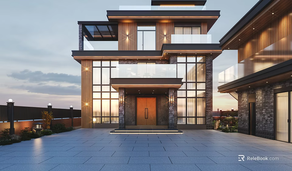 Modern Two Story Detached Villa With Large Windows Glass Balcony Wooden Accents And Spacious Driveway 3d model 