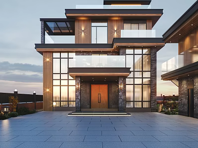 Modern Two Story Detached Villa With Large Windows Glass Balcony Wooden Accents And Spacious Driveway 3d model