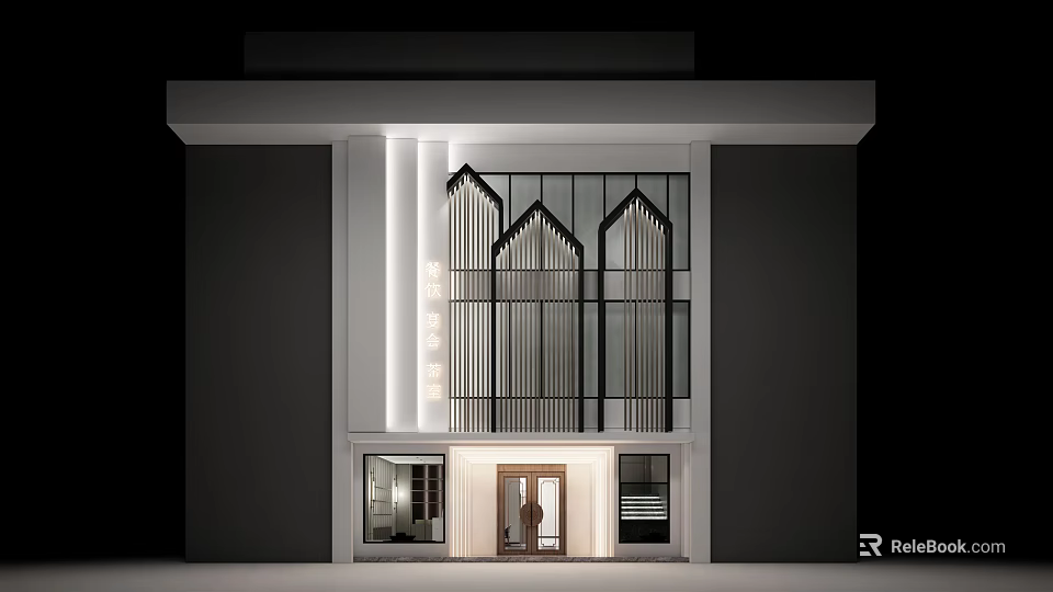 Modern Storefront Design With Decorative Vertical Grilles Illuminated Entrance And Glass Panels 3d model 