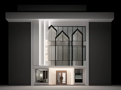 Modern Storefront Design With Decorative Vertical Grilles Illuminated Entrance And Glass Panels 3d model