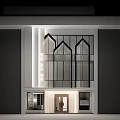 Modern Storefront Design With Decorative Vertical Grilles Illuminated Entrance And Glass Panels