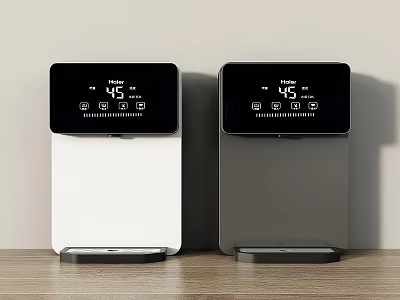 White And Black Air Purifiers With Digital Display For Home Daily Use On Wooden Table 3d model