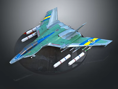 Military Fighter Jet Model With Green Blue Yellow Stripes And Missiles On Display Base 3d model