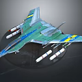 Military Fighter Jet Model With Green Blue Yellow Stripes And Missiles On Display Base