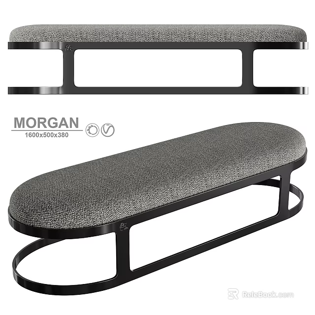 Modern Oval Sofa Bench With Metal Frame And Gray Upholstered Seat 3d model 