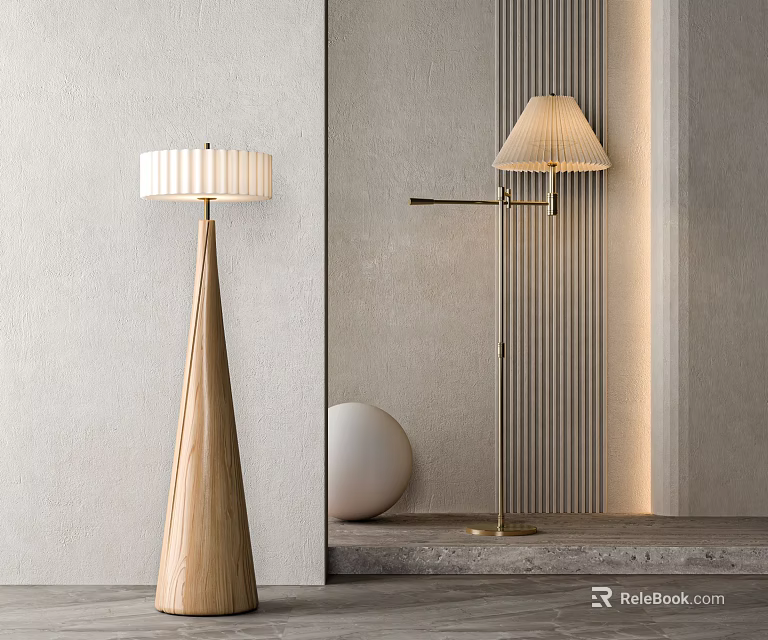 Wooden Cone And Metal Arm Floor Lamps In Minimalist Interior 3d model 
