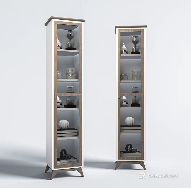 Two Tall Glass Door Display Cabinets With Decorative Items And Wooden Frames 3d model 