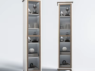 Two Tall Glass Door Display Cabinets With Decorative Items And Wooden Frames 3d model