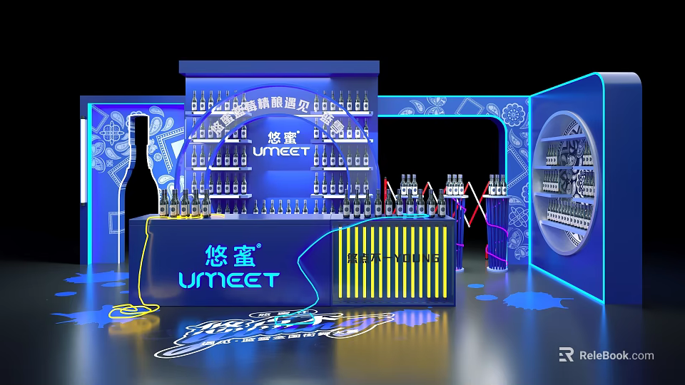 UMEET Photo Check-in Spot With Modern Booth Neon Lights Decor And Wine Bottles 3d model 