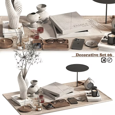 Elegant Decorative Ornament Set With Vase Books Candle And Wooden Tray 3d model