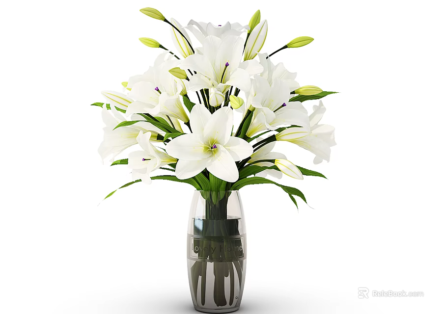 Beautiful White Lilies Arranged in Transparent Glass Vase with Green Leaves 3d model 
