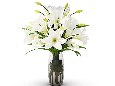 Beautiful White Lilies Arranged in Transparent Glass Vase with Green Leaves 3d model