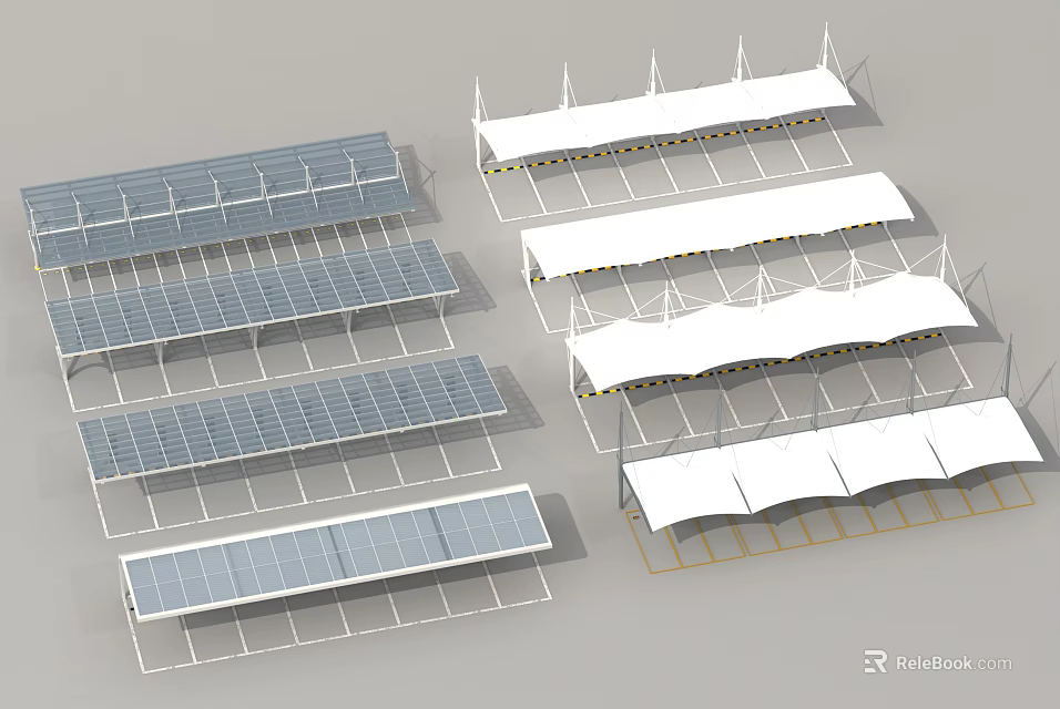 Solar Panel Covered Parking Lot With Multiple Canopies And Structured Rows 3d model