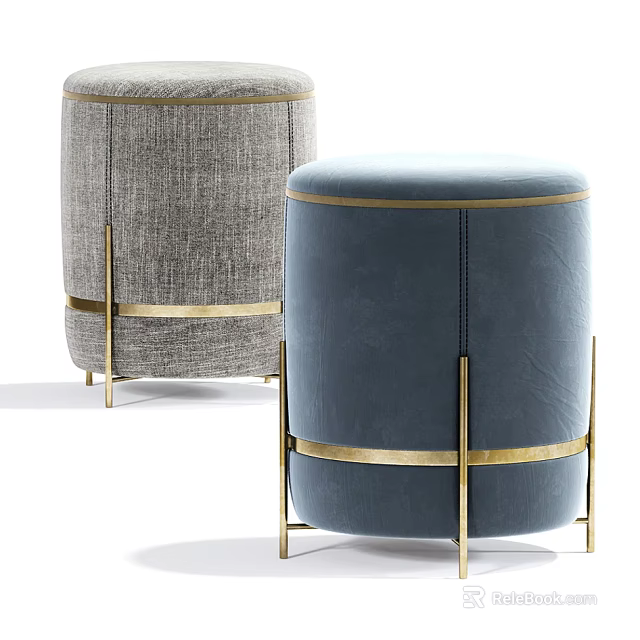 Modern Gray And Blue Upholstered Ottoman With Gold Metal Frame And Accent Trim 3d model 